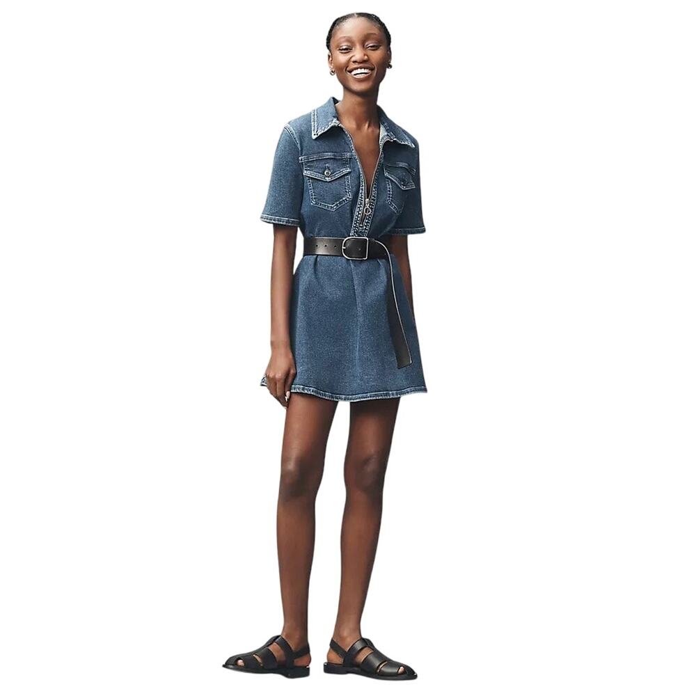 Pilcro Westley Regenerative Cotton Blue Denim Mini Dress Zip Small Short Sleeve